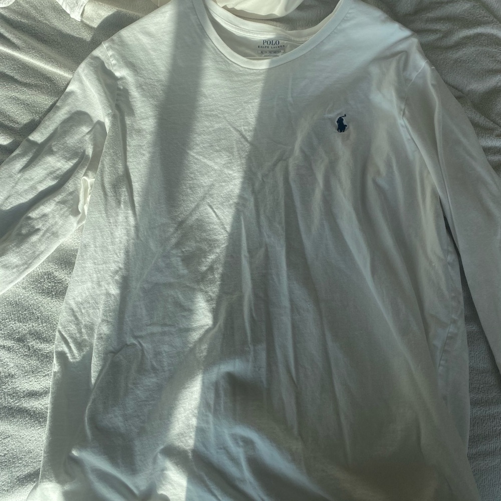 Polo by Ralph Lauren Men's White Long Sleeve Tee with Blue Logo